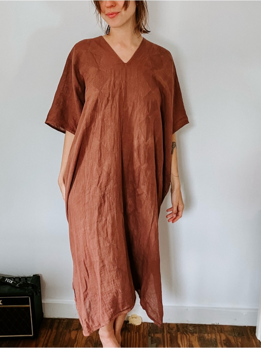 Oversized V-Neck Linen Dress in Brown (kaftan)